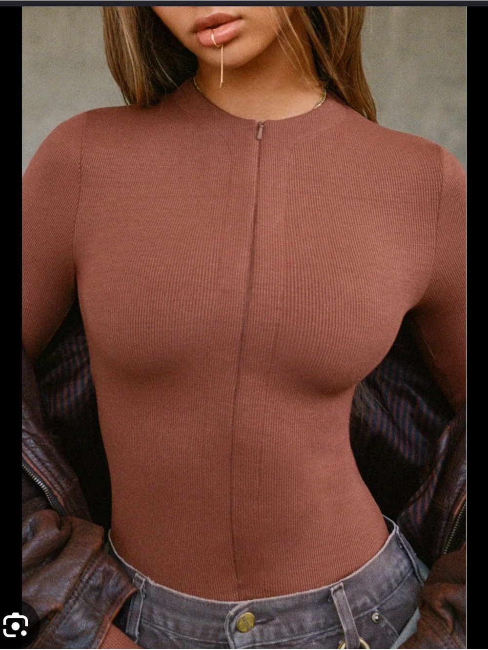 Joah Brown Invisible Zip Ribbed Long Sleeve Small Medium - Picture 2 of 9